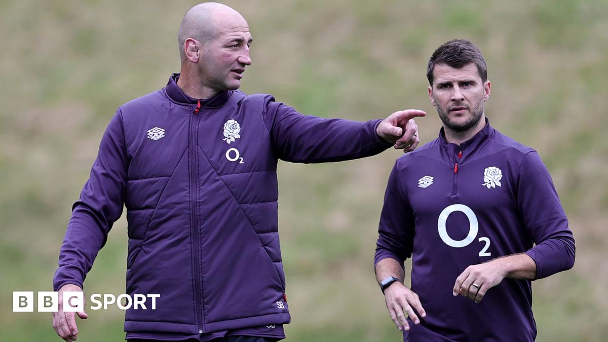 Steve Borthwick, the England head coach, issues instructions with senior assistant coach Richard Wigglesworth