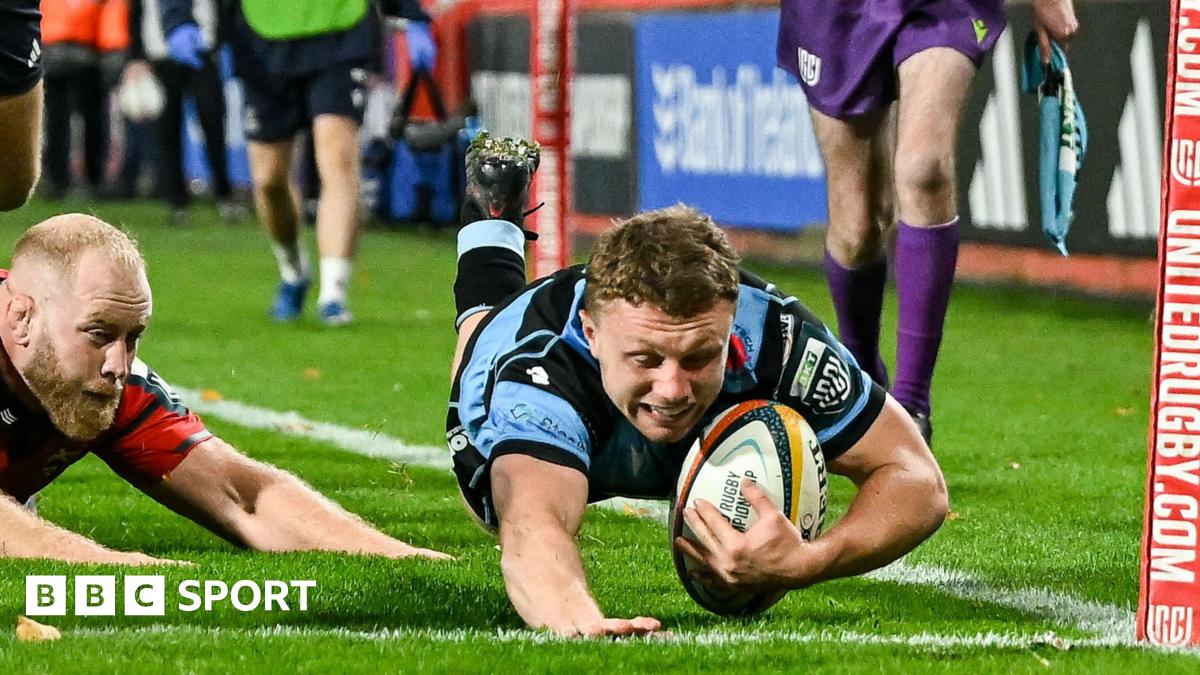 Cardiff wing Tom Bowen dives over for a try against Munster in Limerick