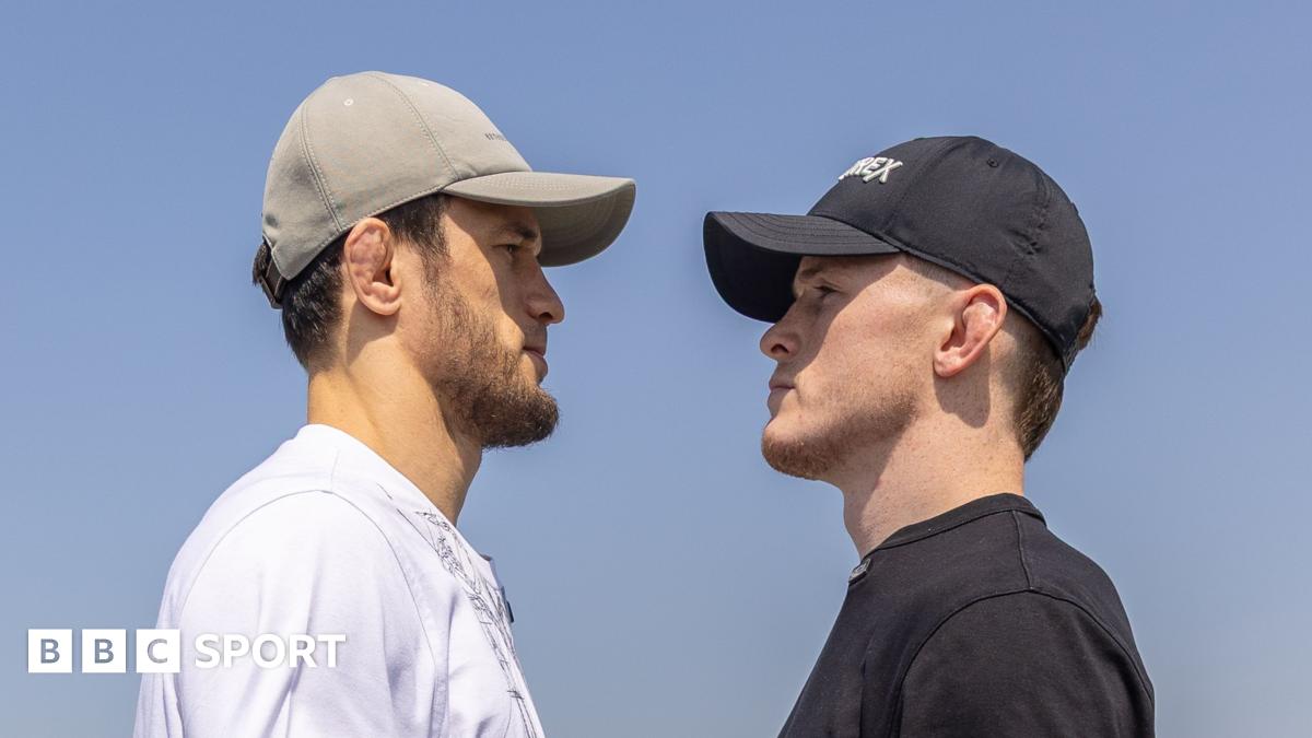 Alex Pereira, with red face paint and wearing a native hat of Brazil, faces off Magomed Ankalaev