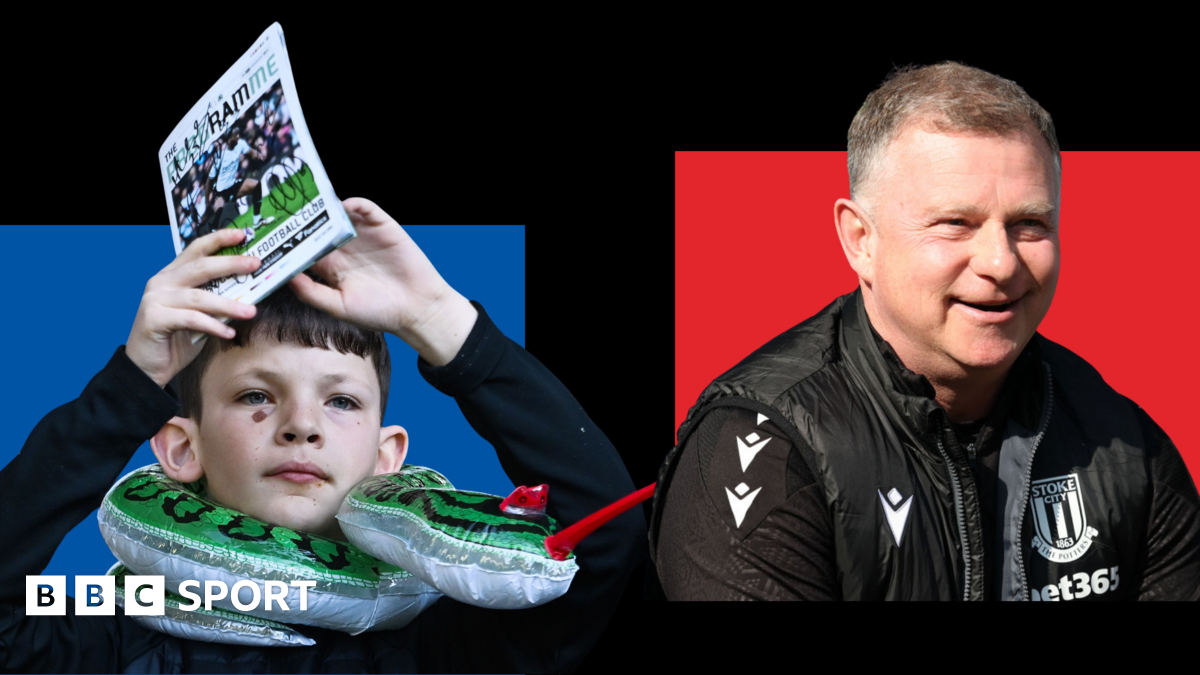 A composite image of a young fan with a plastic snake around his neck and holding a Derby club programme on the left and a smiling Mark Robins on the right. The images appear on a red, blue and black background