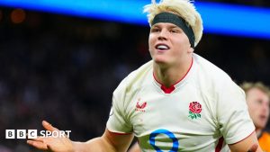 Henry Pollock celebrates his try against Australia