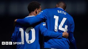 Everton winger Iliman Ndiaye and striker Beto during the Premier League win against Southampton in May 2025
