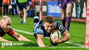 Cardiff wing Tom Bowen dives over for a try against Munster in Limerick
