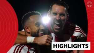 Players of Brackley Town celebrate after winning against Notts County during the Emirates FA Cup First Round match between Brackley Town and Notts County