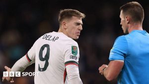 Liam Delap looks bemused after being sent off away at Wolves in the EFL Cup