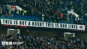 A Rangers banner unfurled at Ibrox on Thursday