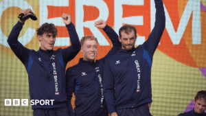 Adam Burgess, Ryan Westley and Luc Royle celebrate