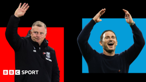 Mark Robins of Stoke City and Frank Lampard of Coventry City stand in front of red and blue squares respectively waving