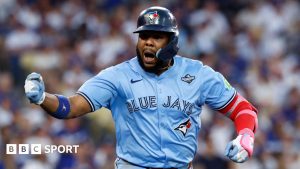 Toronto Blue Jays first baseman Vladimir Guerrero Jr celebrates after hitting his home run in the third inning