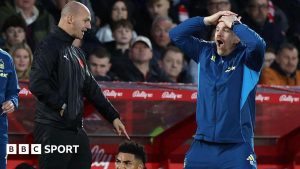 Sean Dyche reacts in disbelief to a refereeing decision during Nottingham Forest