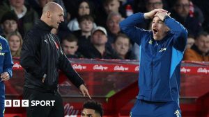 Nottingham Forest head coach Sean Dyche complains to fourth official Bobby Madley during his side