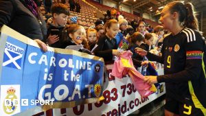 Scotland’s Caroline Weir celebrates after scoring to make it 4-3 during a Women