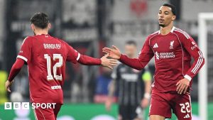 Hugo Ekitike celebrates scoring against Eintracht Frankfurt