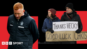 Southampton manager Will Still looks to the ground and two Sheffield United fans, pictured in 2023, with a banner reading