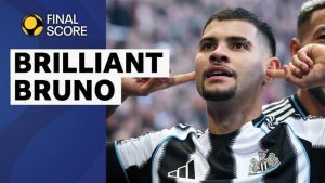 Bruno Guimaraes celebrates scoring for Newcastle