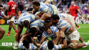 Argentina celebrate in their quarter-final win against Wales at the 2023 World Cup